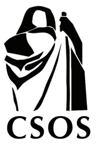 Black and white minimalist logo of a statute with draping fabric above text reading CSOS