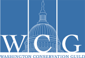 Blue and white logo with white text WCG over line drawing of the capital building dome