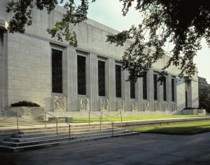 Sunny day of the decorated facade of the library.