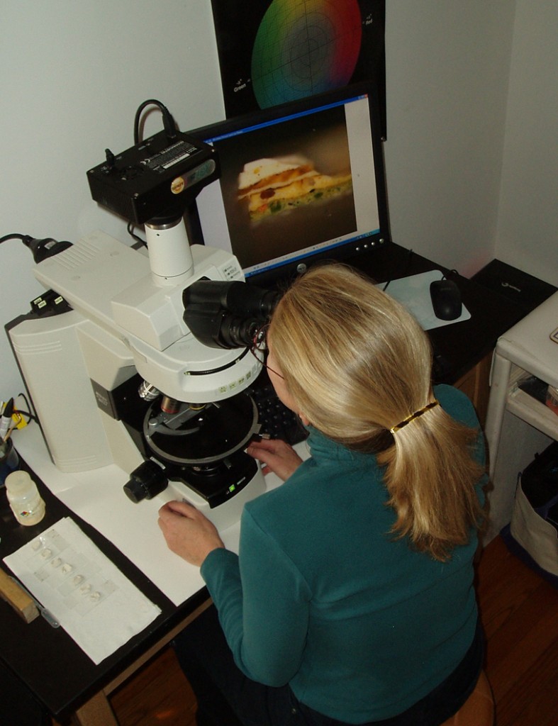 Speaker looking at paint layers under the microscope. A computer screen on the table displays the microscope view.