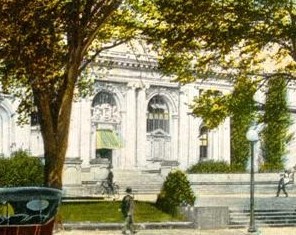 Front of Art Nouveau white building with landscape