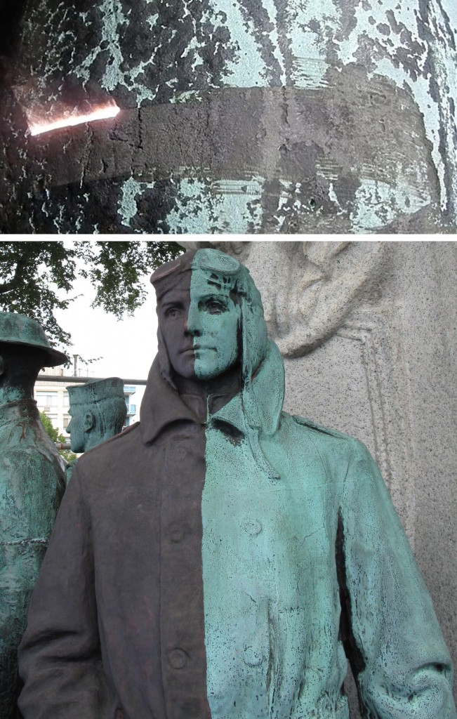 Two images showing the cleaning action using lasers. A copper alloy sculpture is green on the uncleaned side and dark brown and cleaned on the left side