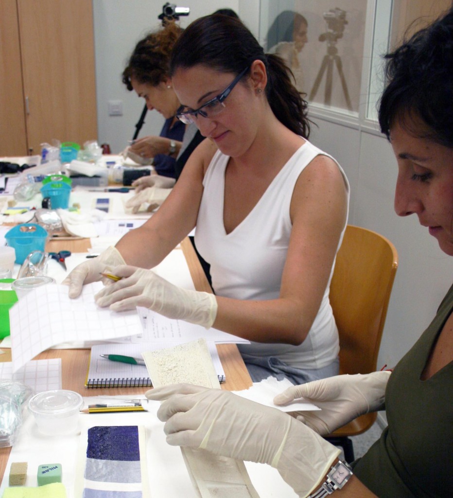 Workshop participants wearing gloves and working with testing materials
