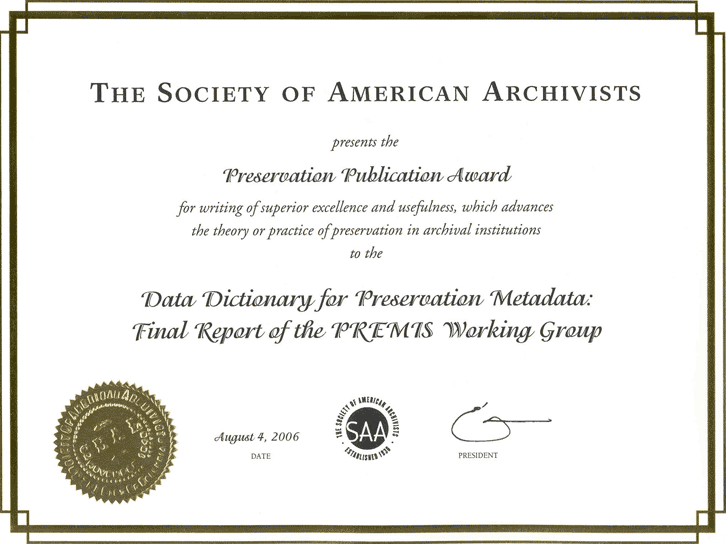 Image of an award certificate from the Society of American Archivists