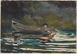 Dark watercolor painting of a man and dog in a body of water next to a small boat