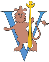 Simple outline of a lion stands in front of a blue V and holds a vertical yellow stick or sword