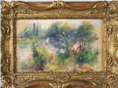 Painting framed in an ornate gilt frame. Sketchy greenery with human figure shape in foreground. Suggestion of a body of water behind figure.