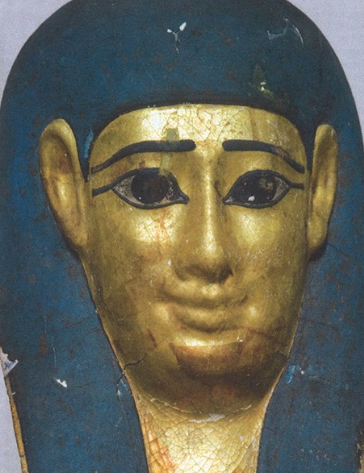 Unidentified cartonnage. Golden face with matte black hair/head piece and line drawn eyebrows and eyes