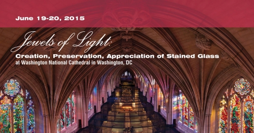 Symposium announcement. Title and date of the event superimposed over a cathedral filled with stained glass windows