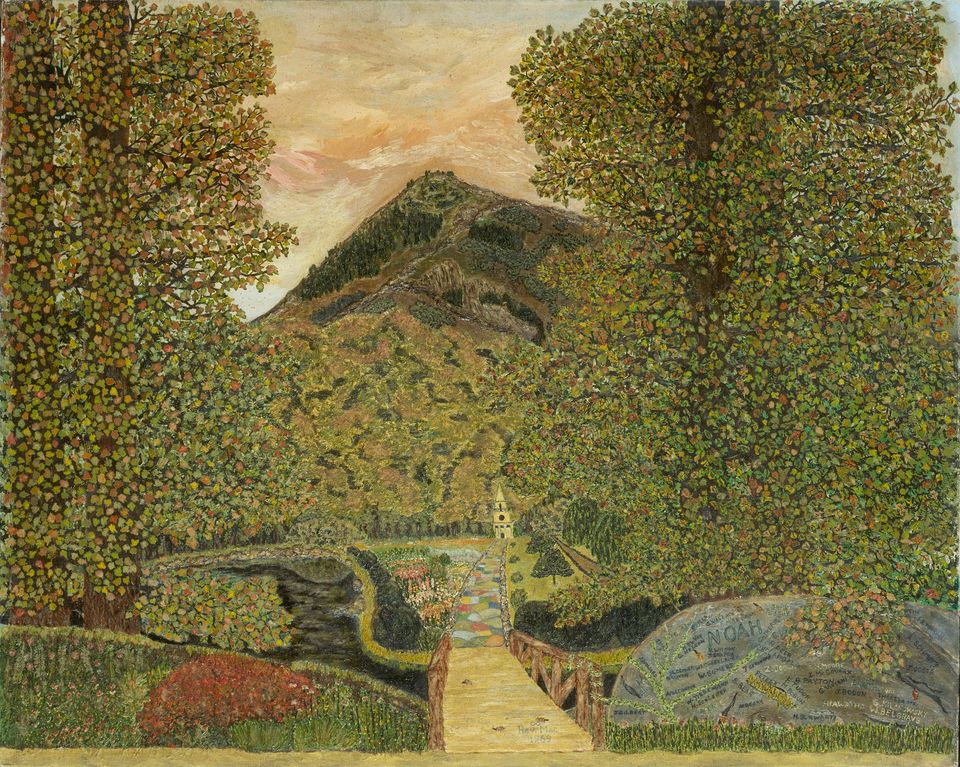 Painting. Multicolored path surrounded by large, green foliage.