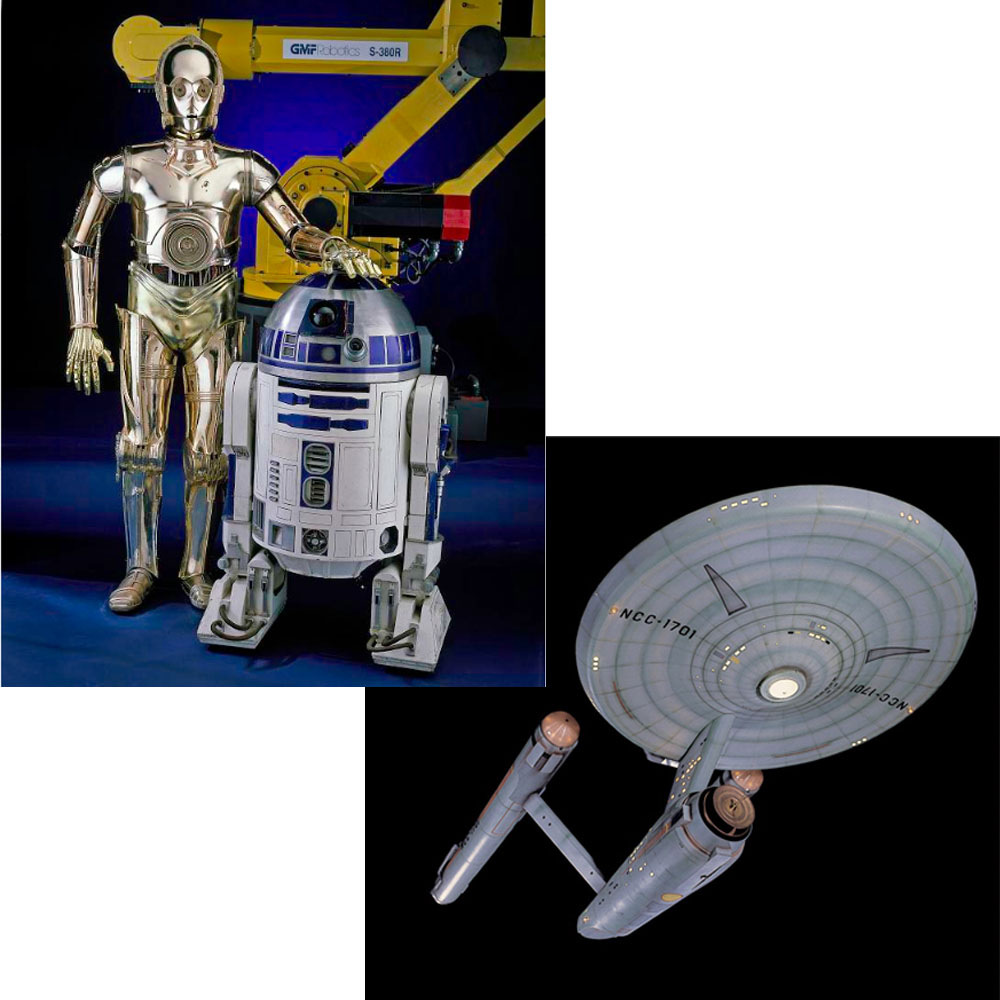 Upper left corner is a photo of C3PO and R2-D2 from Star Wars. Bottom right corner is a photo of the USS Enterprise from Star Trek.