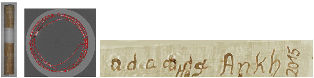 Collage of images. Far left shows a rolled papyrus. Center image shows a string of red dots connected by a red line, possibly a diagram of the layers of the papyrus. Far right image shows a detail of handwritten ink text.