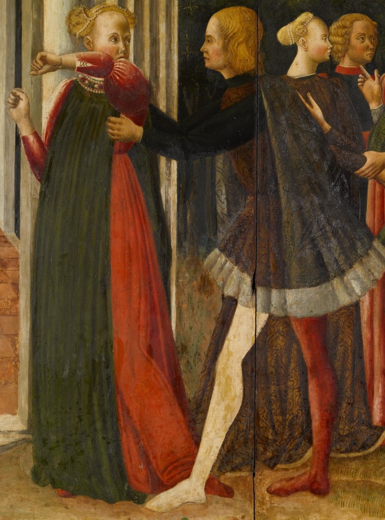 Renaissance woman figure lifting her elbow out of the reach of Renaissance man who holds part of her dress