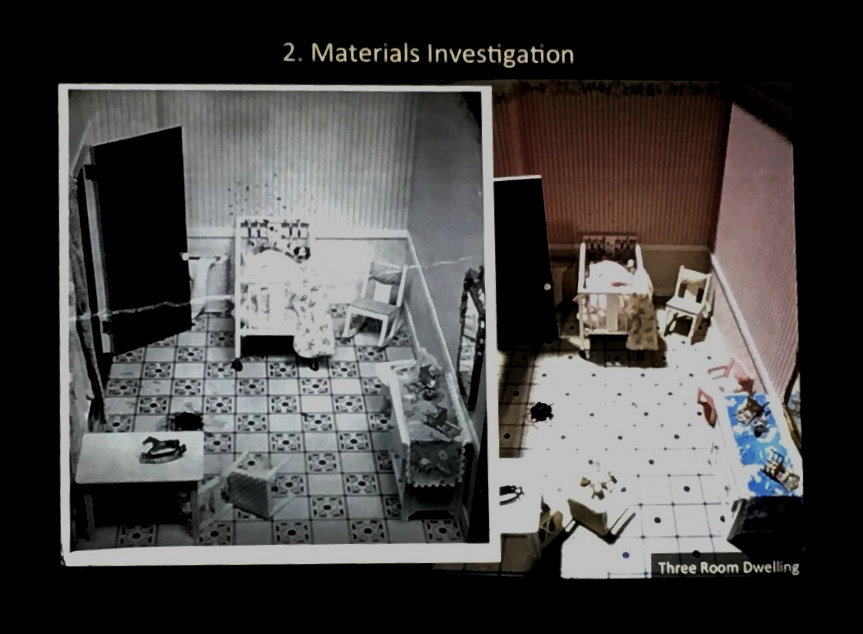 Side by side comparison of the same room. Black and white photograph of a pristine nutshell diorama, compared to a disordered color photo of the room as it was during treatment.
