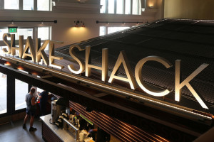 The shake shack sign above the ordering counter at the Union Station location