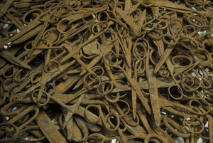 Pile of hundreds of rusted scissors