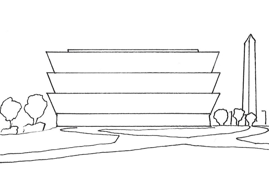 Outline drawing of the National Museum of the African American History and Culture situated on the mall between the Washington Monument and trees.