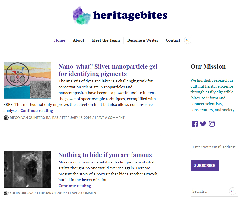 Simple webpage Heritage Bites.org with blog-style roll of conservation-related articles by different authors.