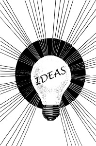 Black and white drawing of a light bulb surrounded by lines with the word "Ideas" printed over the bulb