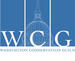 White text reading WCG over blue vertical banners and light blue line drawing of the US capitol dome. Blue text reading Washington Conservation Guild below
