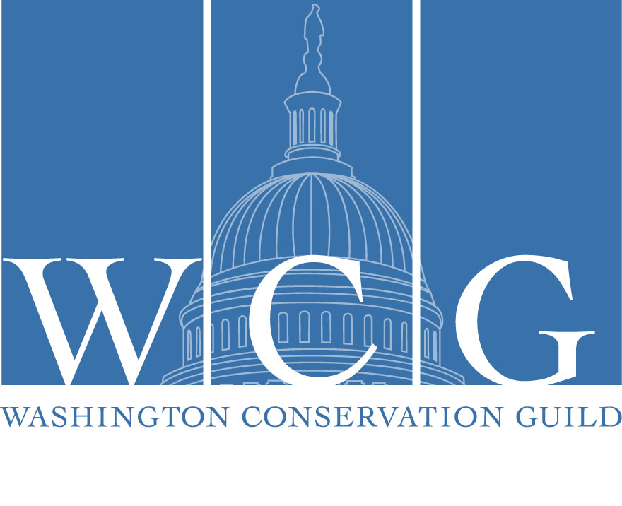 White text reading WCG over blue vertical banners and light blue line drawing of the US capitol dome. Blue text reading Washington Conservation Guild below