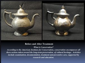 Screenshot of slide from the presentation. Before and after pictures of teapot. After picture shows brighter, less-cloudy and spotted surface plus a repaired lid handle.