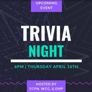 Black and purple event poster with white and cyan text reading "Trivia Night".