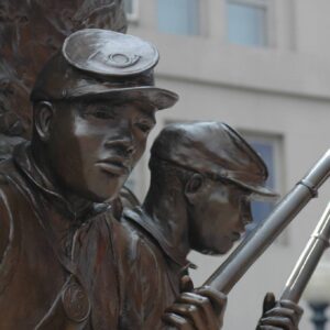 Close-up of the bronze figures in the African American Civil War Memorial