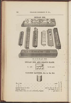 Yellowed book page with "Charles Roberson & Co" at top with illustration of "Indian Ink And Colour Slabs" set and their pricing.