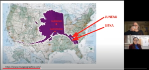 Map of a purple Alaska superimposed over the contiguous United States highlighting the locations of Fairbanks, Anchorage, Juneau, and Sitka.