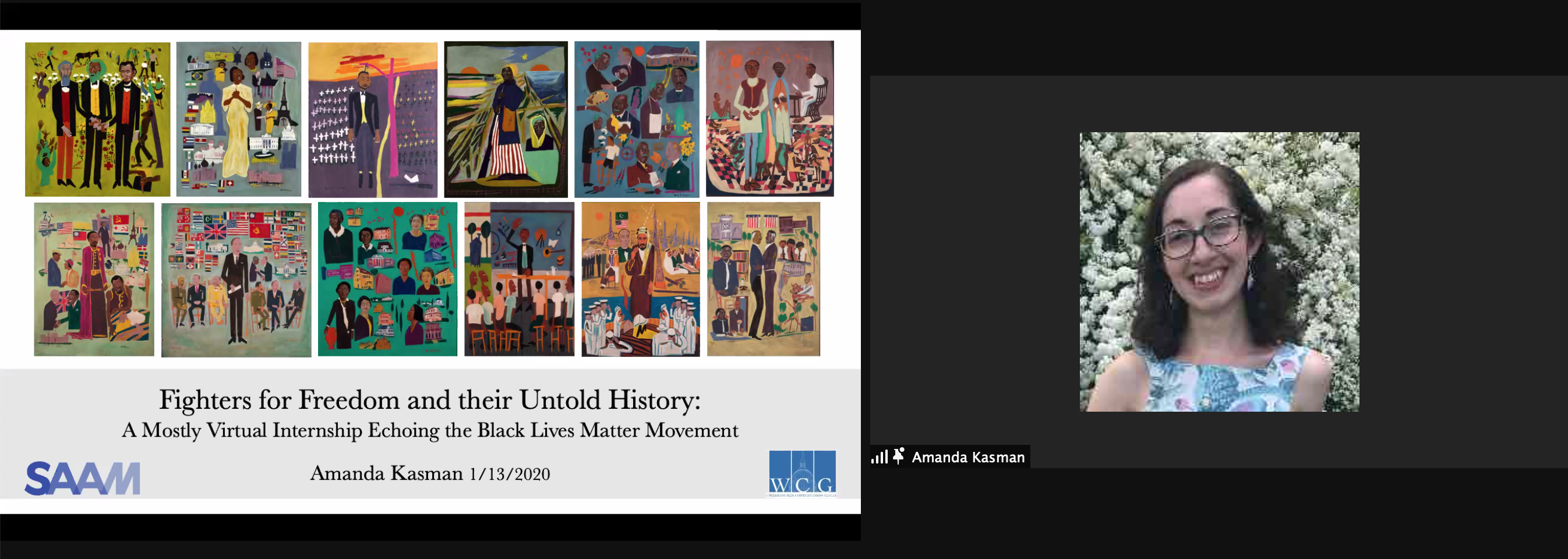 Screenshot of a virtual presentation with twelve colorful paintings featuring BIPOC figures, busts, and scenes