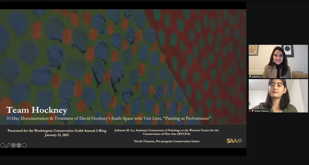 Screenshot of a virtual presentation. Title slide with multicolored polka dot painted surface as background
