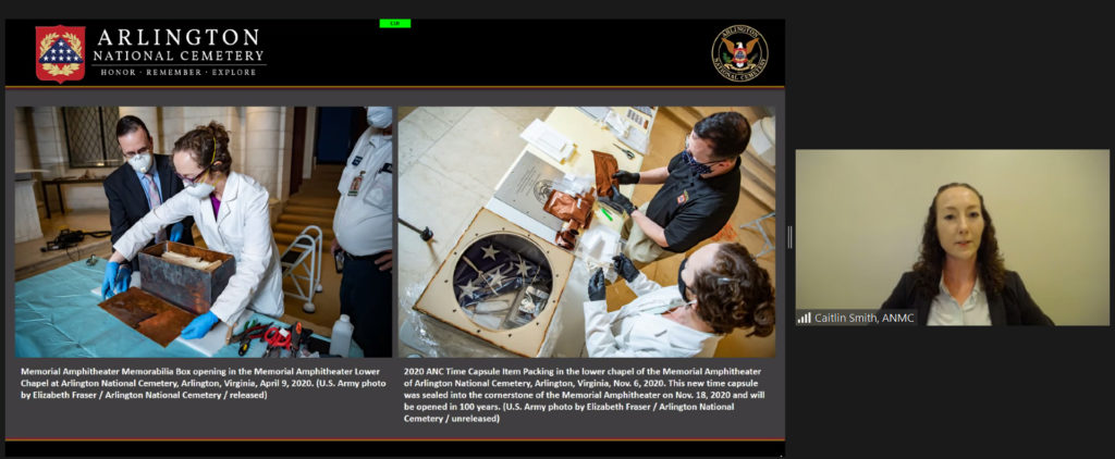 Screenshot of a virtual presentation. Caitlin Smith speaks to a slide featuring two images of two people cataloging memorabilia from a time capsule