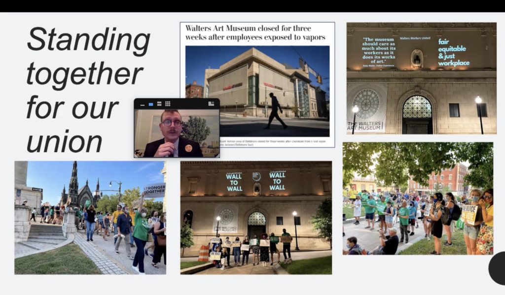 Screenshot of a virtual presentation. Gregory Bailey speaks to a slide that reads "Standing together for our union" with photos from the time of the strike