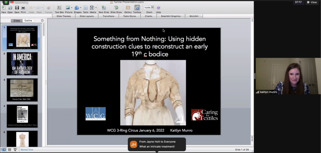 Screenshot from a virtual presentation. Title slide with image of dress to be treated.