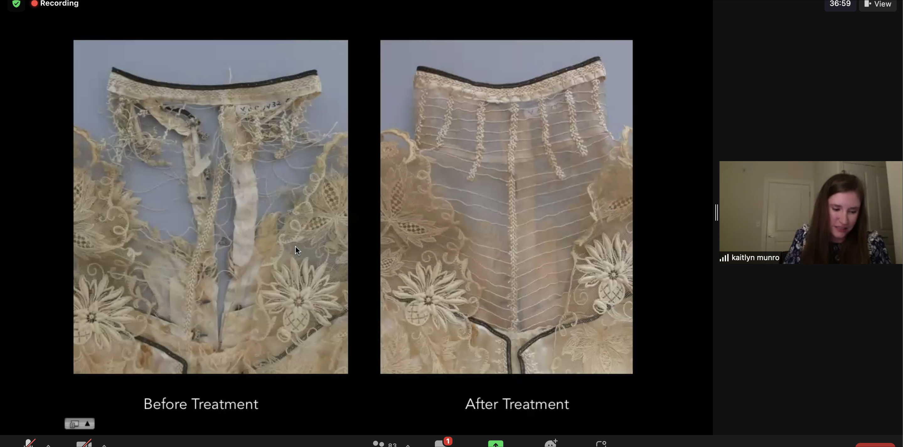 Screenshot from a virtual presentation. Two views of the same bodice yoke. Left bodice is severely damaged with most stabilizing fabric missing. Right bodice is complete with filled striped fabric supporting lace.