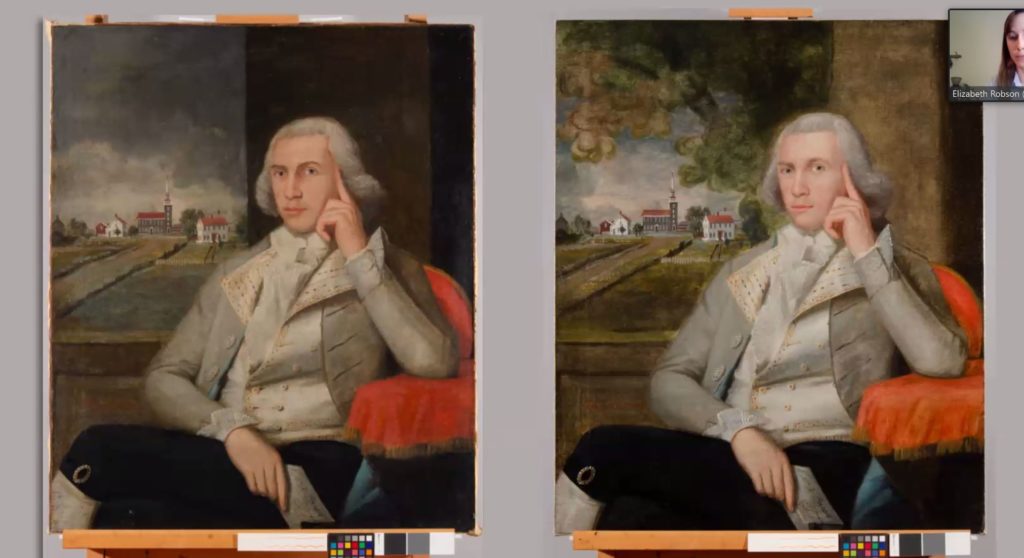 Screenshot of a virtual presentation. Two images of same painting, a gentleman in 18th century clothing sitting in the foreground with a small town in the background, before and after treatment. Right image of the painting after treatment is brighter, less yellow, with a tree in the background that is missing from the left image.