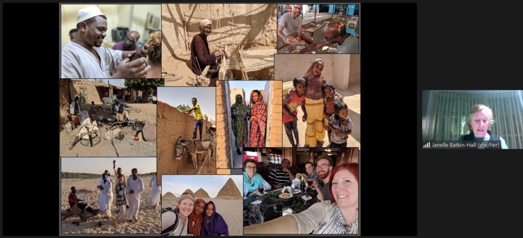 Screenshot from a virtual presentation. Collage of images with speaker and locals at the site.
