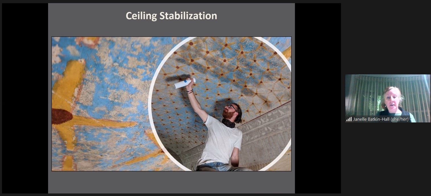 Screenshot of a virtual presentation. Slide title reads Ceiling stabilization. Conservator sprays polychrome ceiling with a spray bottle. Sprayed area appears darker.