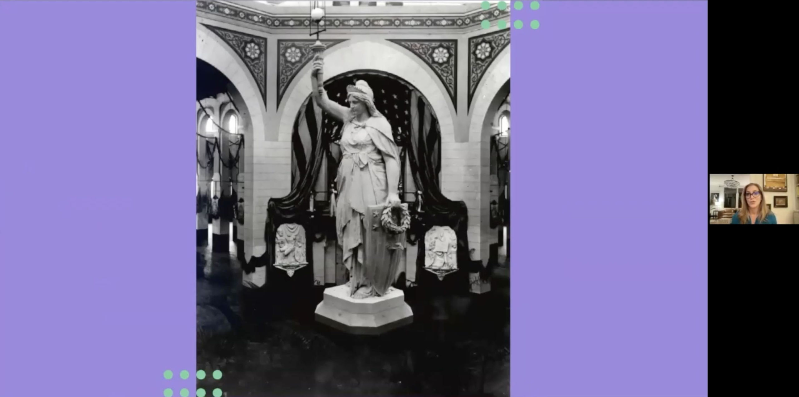 Screenshot of a presentation. Purple background with black and white photo of Columbia (Lady Liberty) in highly decorated rotunda