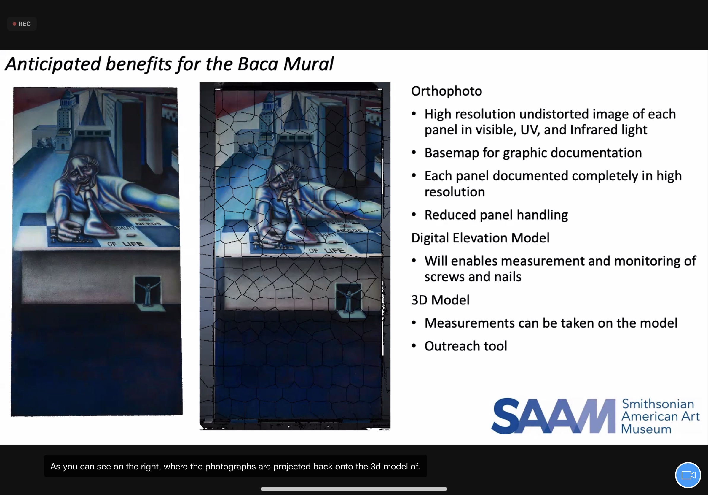 Screenshot from a virtual presentation. On the left, two photos of the mural, one with an uneven grid overlay demonstrating photographs being projected back onto the 3D model.