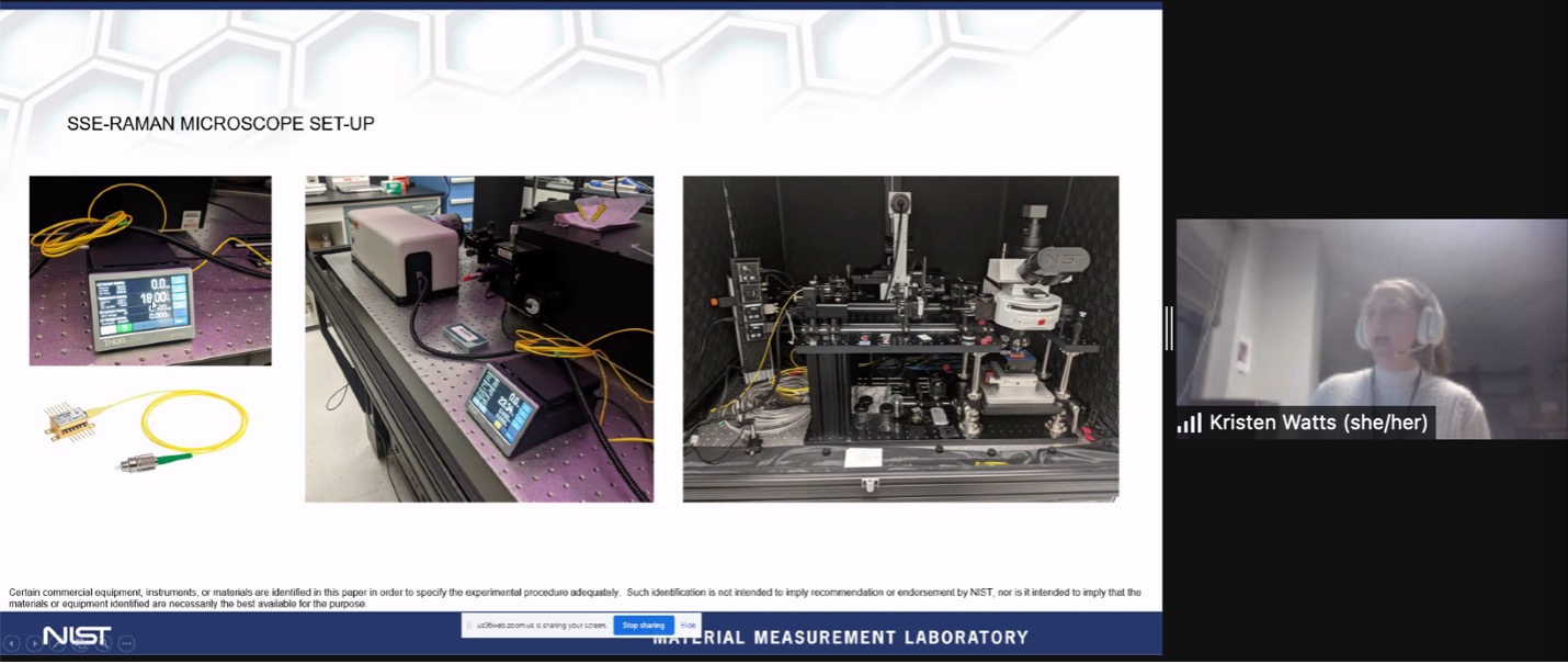 Screenshot of a virtual presentation. Title of slide reads SSE-Raman Microscope Set-up with four photos of cables and scientific instrumentation at NIST