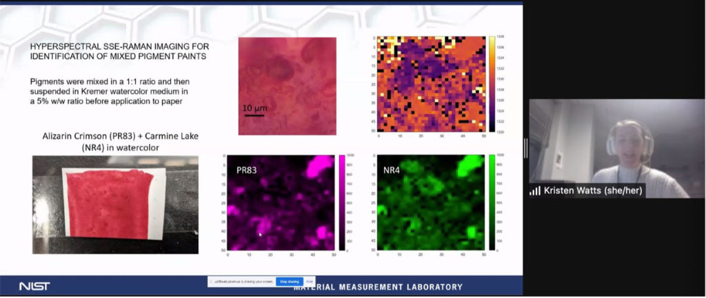 Screenshot of a virtual presentation. Slide reads "Paints were mixed in a 1:1 ratio and then suspended in Kremer watercolor medium in a 5% w/w ratio before application to paper." Sample tested was Alizarin Crimson (PR83) and Carmine Lake (NR4) in watercolor. Four hyperspectral images of sample