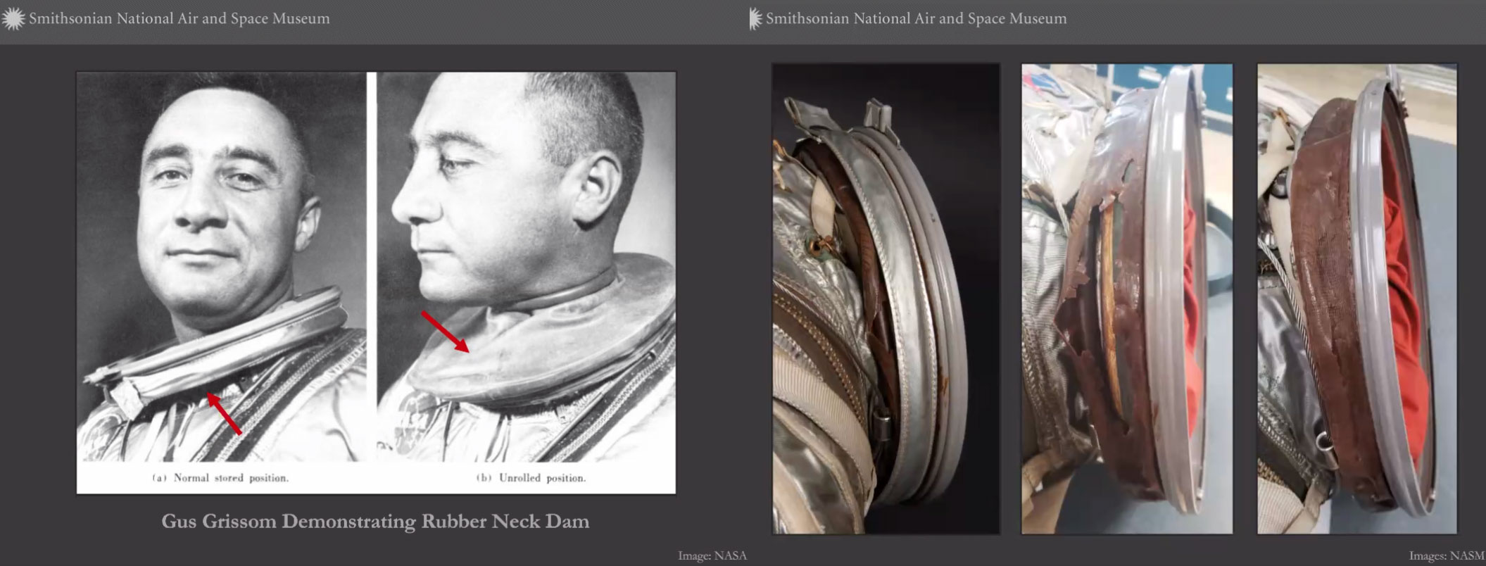Screenshot of a virtual presentation. On the left, black and white photos of Gus Grissom with red arrows pointing to the rubber and aluminum rings around his neck. On the right, three views of the dark red rubber dam and its aluminum neck ring.