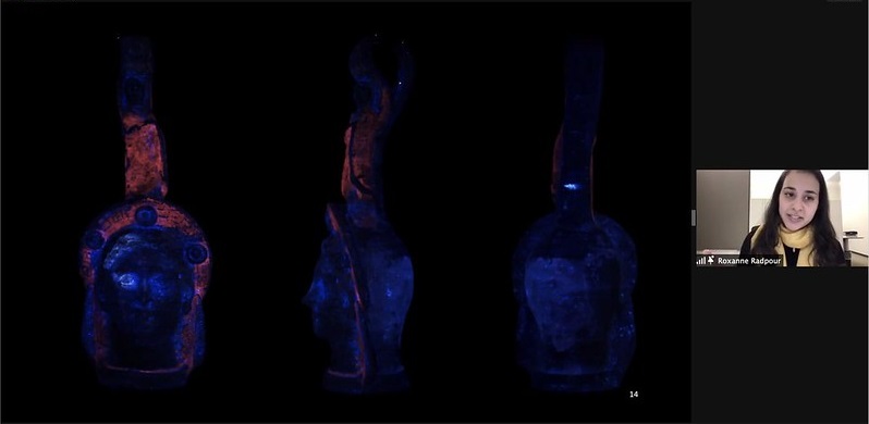 Screenshot of a virtual presentation. Three views of a polychrome vase with flourescent imaging