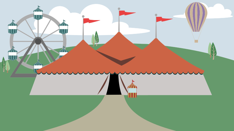 Cartoon of a three-ring circus tent. Ferris wheel and hot air balloon in the background.
