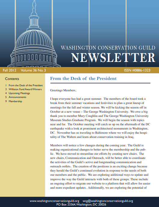 First page of printed newsletter from 2012