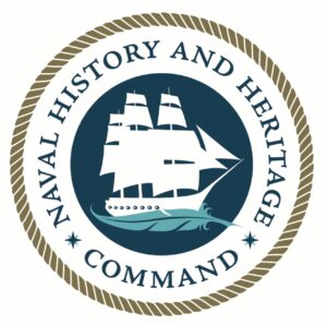 Naval History and Heritage Command (NHHC) logo, a white ship on a blue circle within a Naval seal device.