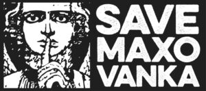 Logo with white graphic on black field showing a figure making a "hush" gesture with a finger and the text "Save Maxo Vanka"
