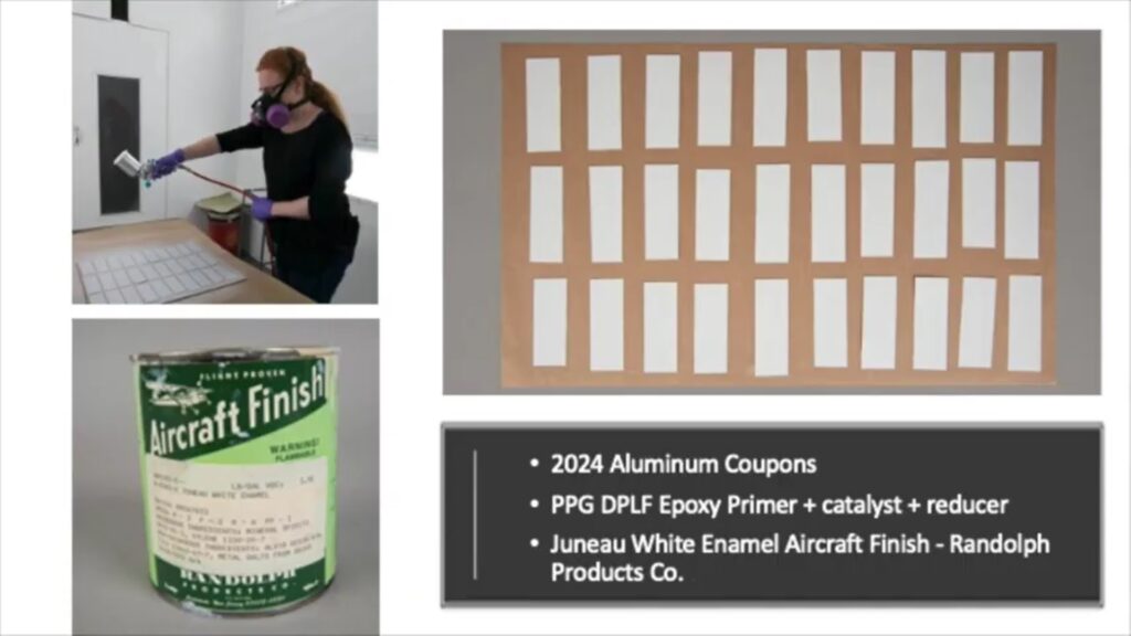 A lecture slide with a white background showing the application of white paint to metal coupons arranged in a photo on the slide.